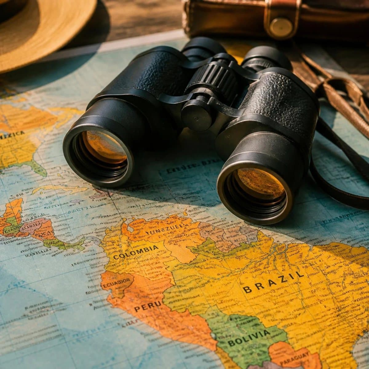 Binoculars resting on a map of Latin America