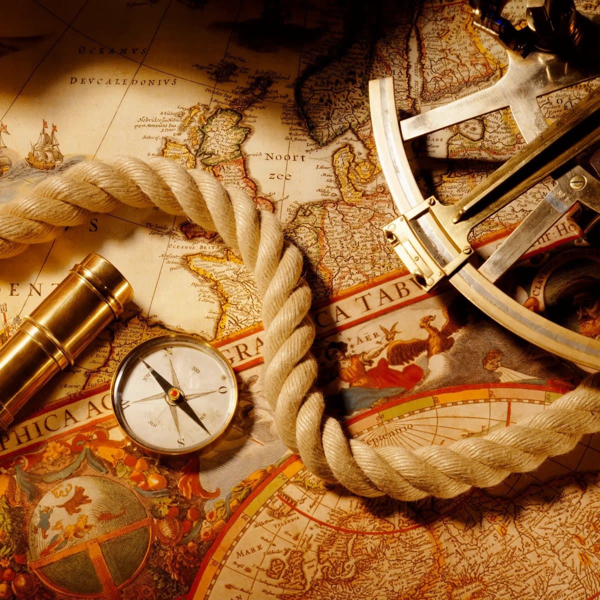 Compass, spyglass and sextant on an antique map